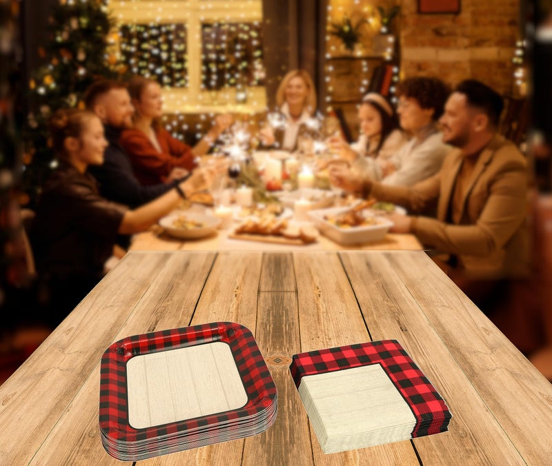 Iconikal 100-Piece Paper Dinner Party Pack, Woodgrain Buffalo Plaid, 40 Plates and 60 Napkins - Image 2